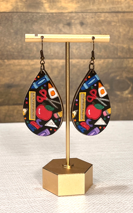 Back to School Black Hand Painted Supplies Education Dangle Earrings