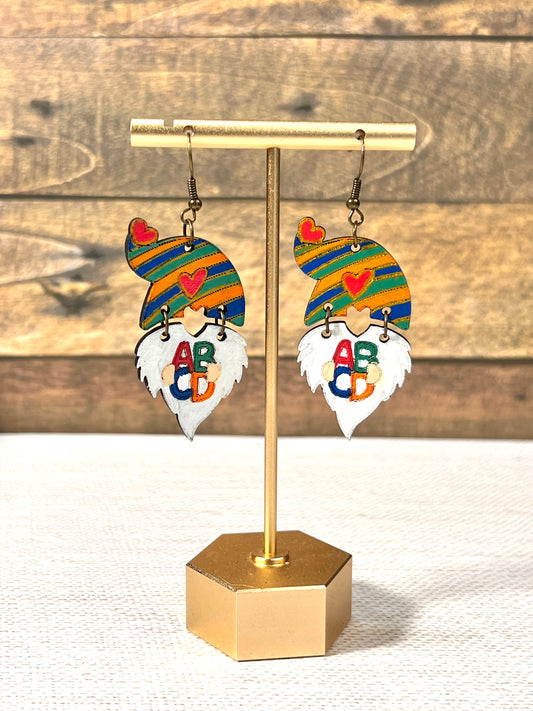 Back to School Hand Painted ABCD Gnome Education Dangle Earrings