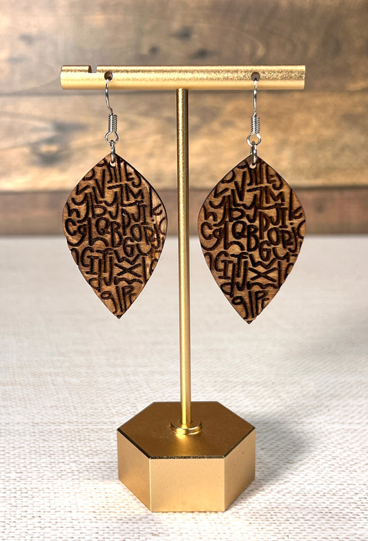 Back to School Hand Painted Letters Walnut Stained Alphabet Education Dangle Earrings