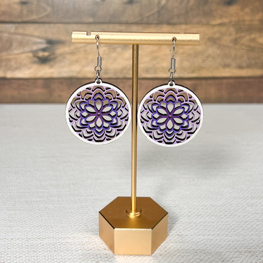 Hand Painted Purple Ombre Round Floral Pattern Dangle Wood Earrings