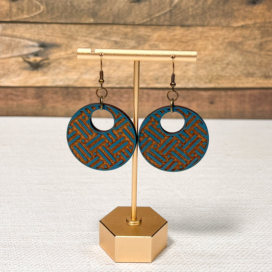 Hand Painted Teal Round Lines Pattern Dangle Wood Earrings