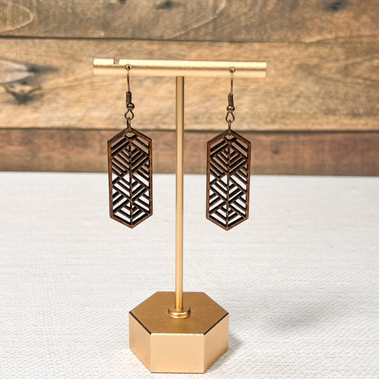 Dark Walnut Stained Tribal Long Hexagon Dangle Wood Earrings
