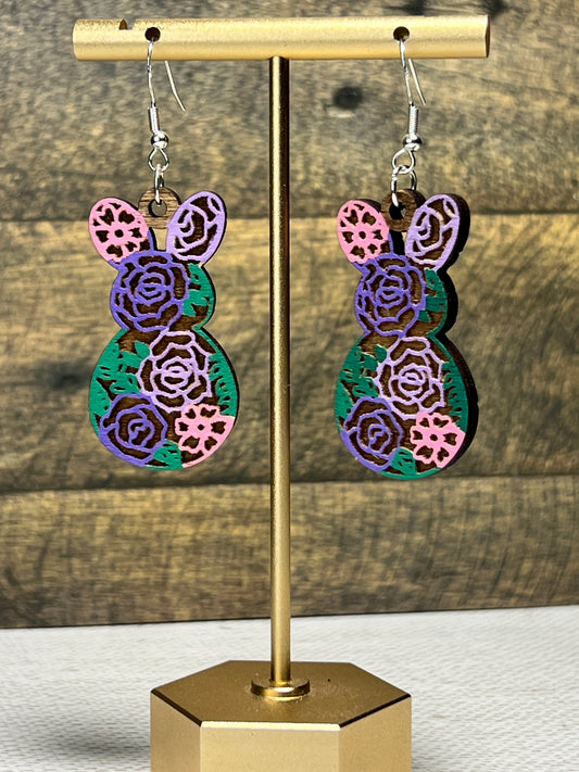 Floral Easter Bunnies - Hand Painted Wood Dangles - Floral Pattern